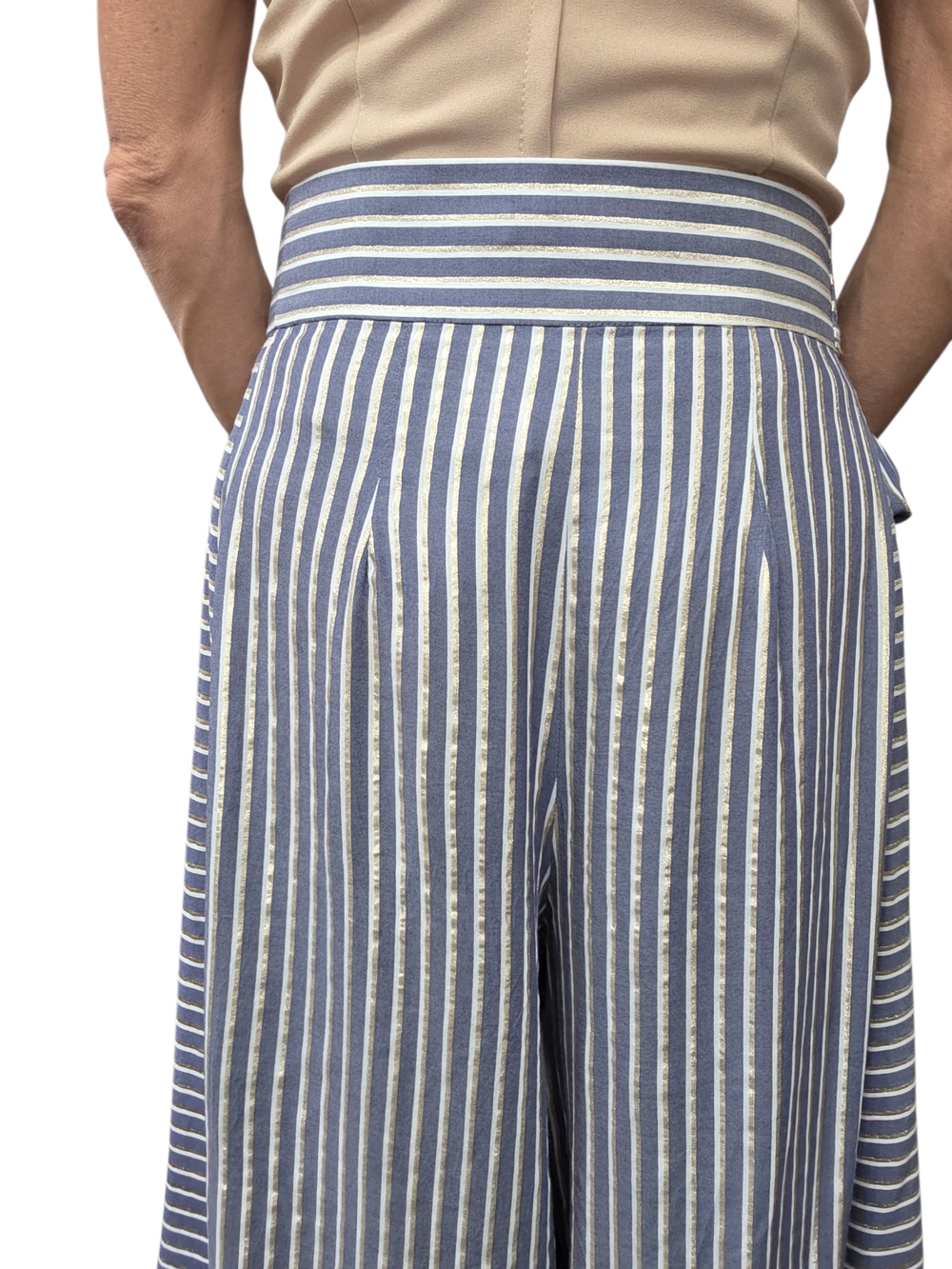 Eva Franco Striped Wide Leg Crop Pants Gold Lurex Tie Waist 6 - Picture 6 of 12